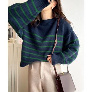 ニット 「mily bilet」上品見え。アルパカタッチクロップド丈ボーダーニットプルオーバー