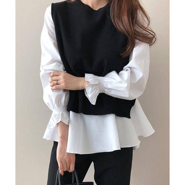 ブラウス シャツ 2点セット バックスリットニットベスト＆キャンディースリーブブラウス レディース