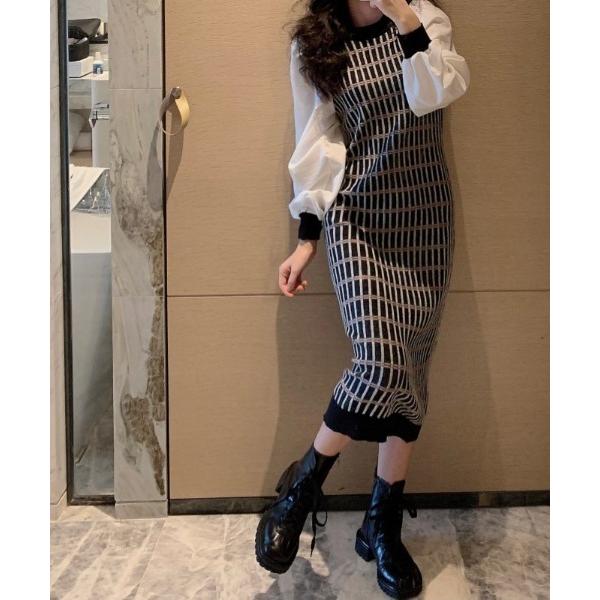 ワンピース ドッキングリブ編みニットロングワンピース