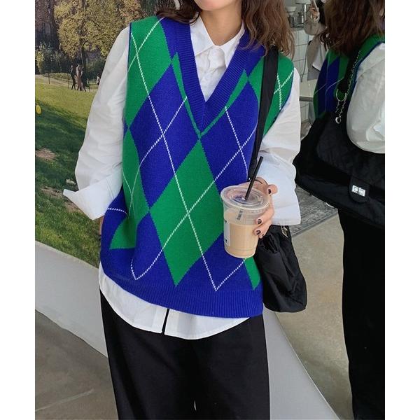 ベスト ジレ バイカラー　Vネックニットベスト レディース