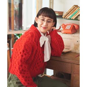ニット ラムHANDアラン編みショートクルーカーディガン