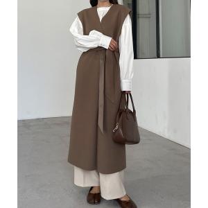 ベスト ノーカラーベルト付きロングべスト