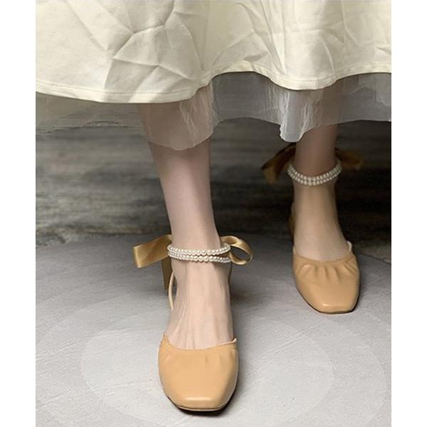 パンプス アンクルパールフラットヒールパンプス