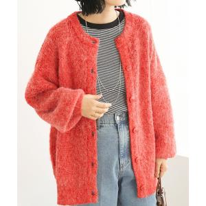 カーディガン 畔編みモヘアライクボリュームスリーブカーディガン