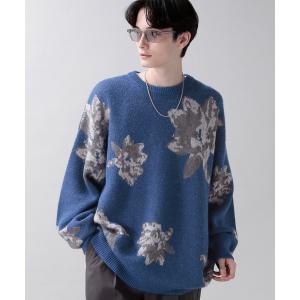 ニット モヘヤフラワー柄ジャガードニットクルー
