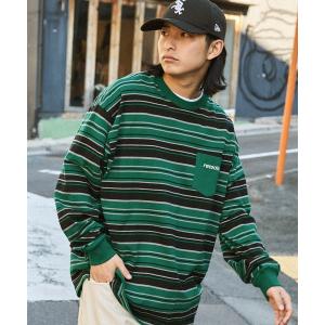 tシャツ Tシャツ ロゴ刺繍 クラシックマルチボーダービッグシルエットポケット長袖Tシャツ