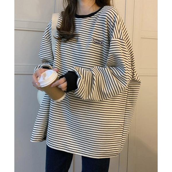 ブラウス シャツ レディース ボーダー柄ドロップショルダー袖リブトップス レディース