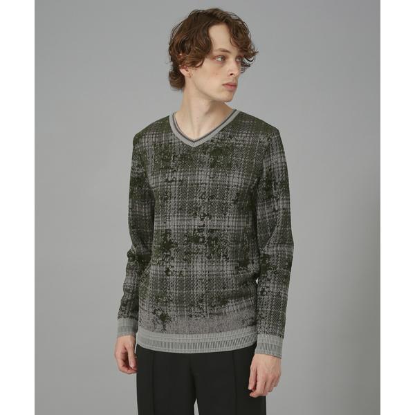 セーター ニット ペインティング ブロークンチェック Vネック プルオーバー ニット メンズ
