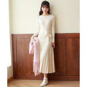 ワンピース レイヤード風プリーツニットワンピース