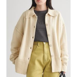 カーディガン 襟付きボリュームスリーブロングリブオーバーサイズニットカーディガン