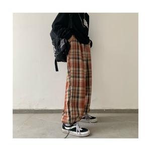 ワイドパンツ パンツ チェック柄ルーズワイドレッグパンツ レディース メンズ