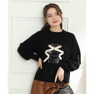 ニット こなれレディカジュアル　リボン＆フェイクパール　パフュームインターシャニット レディース