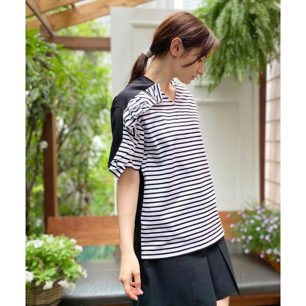 tシャツ ボーダーフリルVネックTee レディース