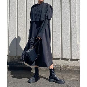 ワンピース ケーブルショートベスト×パフスリーブフレアワンピースセット