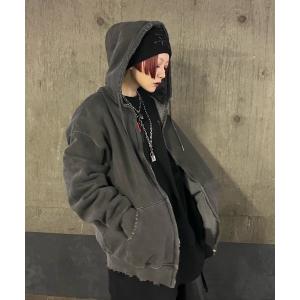 パーカー 「Never mind the XU」damage zip up hoodie / 「ネバーマインド ザ エックスユー」ダメージ長袖ジップア