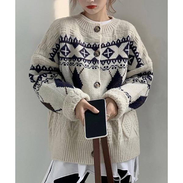 カーディガン ノルディッククルーネックニットカーディガン レディース