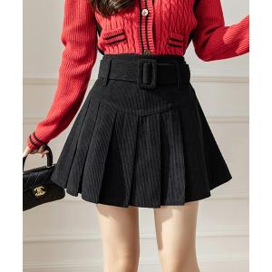 スカート コーデュロイベルト付きプリーツスカート