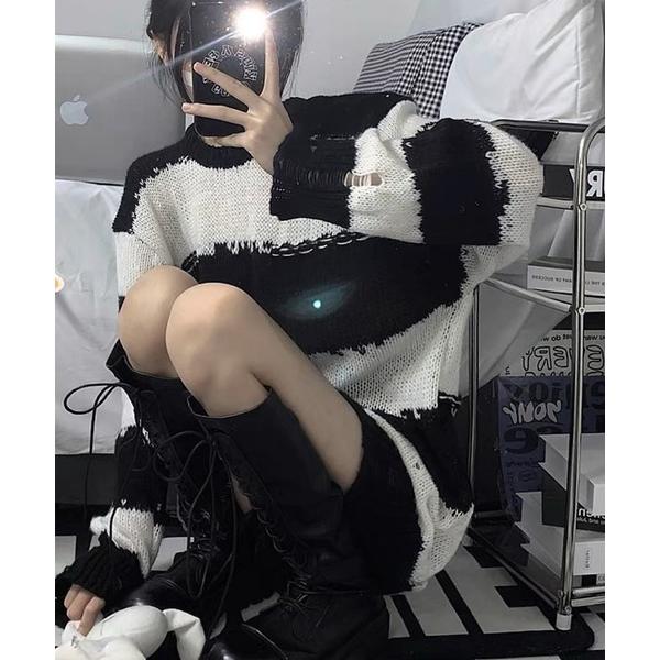 ニット セーター ニット ダメージ ボーダー オーバーサイズ トップス ビッグシルエット レディース