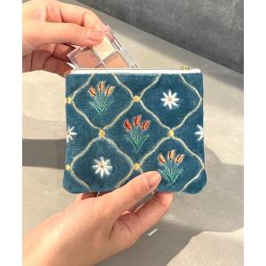 ポーチ ベロアフラワー刺繍/ミニフラット ポーチ レディース