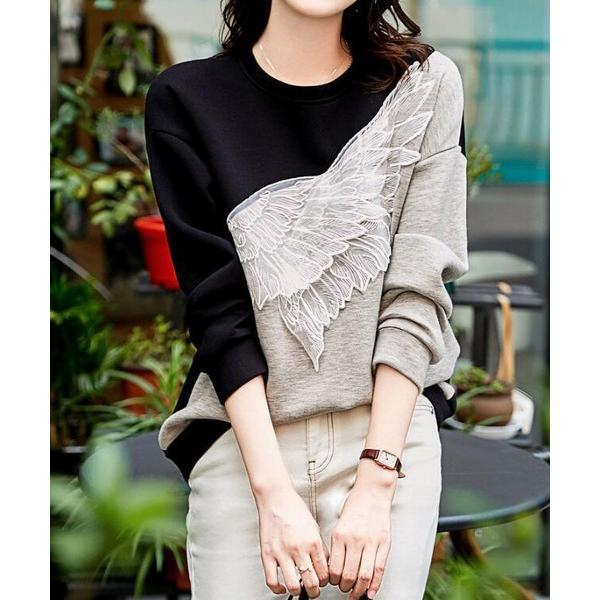 ブラウス シャツ クルーネック　レース切り替え　バイカラーブラウス レディース