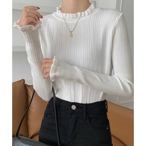 ニット ランダムリブフリルネックニットプルオーバー