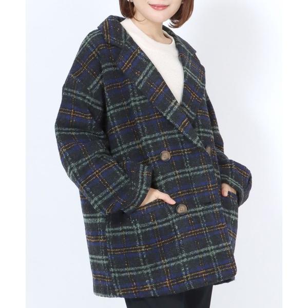 ジャケット テーラードジャケット ブークレー起毛チェック柄ハーフコート レディース/ダブル ショート...