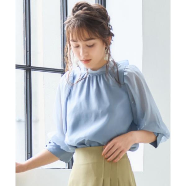 ブラウス シャツ ブラウス リボンカラー 七分袖 シアー素材 裏地付き レディース