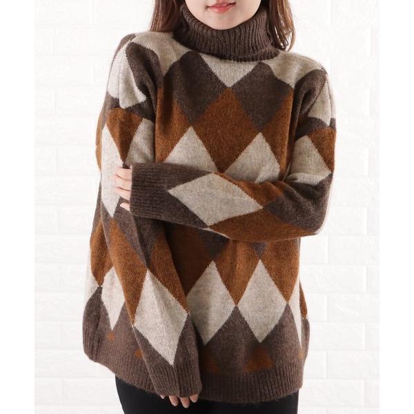 ニット セーター ダイヤ柄タートルネックニットプルオーバー レディース