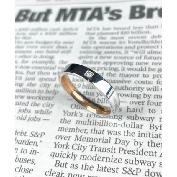 指輪 リング 「サージカルステンレス316L」4ミリ平打ちダイヤモンドセットアップリング　裏面ピンク...