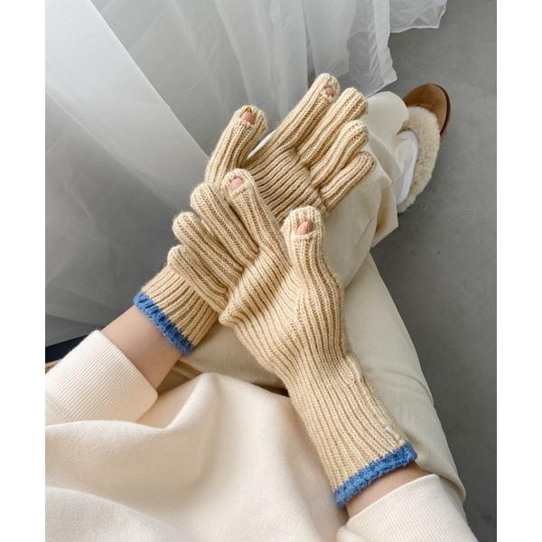 手袋 「スマホ対応」リブニットホールタッチライングローブ 手袋 レディース