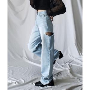 ジーンズ デニム デニムパンツ 「 ７color ／ ３size 」カットアウトサイドスリットロングデニムパンツ レディース