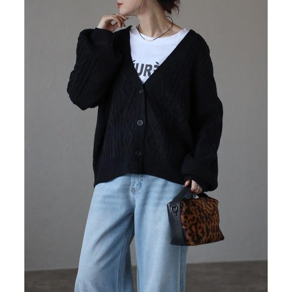 カーディガン 「Fizz/フィズ」　ケーブル×鹿の子　ボリューム袖ニットカーディガン レディース