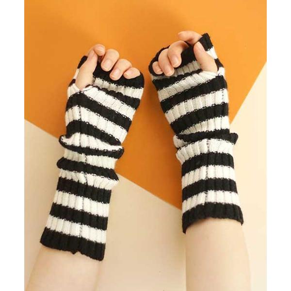 アームカバー ボーダー柄ニットアームウォーマー レディース