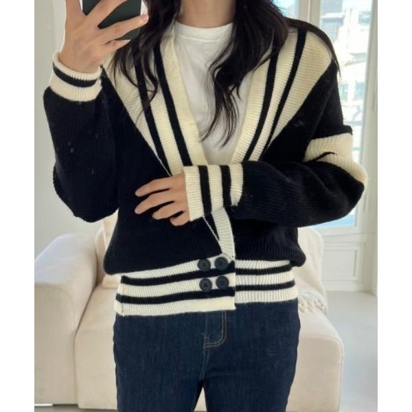 カーディガン Vネックバイカラーカーディガン レディース