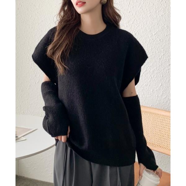 ニット セーター アームウォーマー付きウールブレンドニット レディース