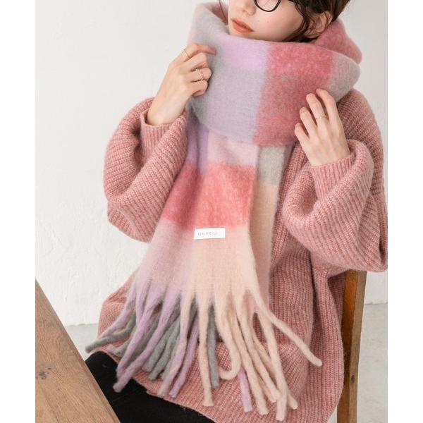 マフラー ストール マルチチェック柄 ボリュームフリンジマフラー レディース