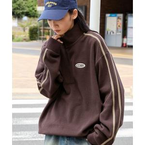 スウェット ハーフジップ ロゴ刺繍 配色 オーバーサイズフリースプルオーバー