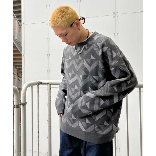 セーター ニット 幾何柄クルーネックオーバーニット メンズ レディース