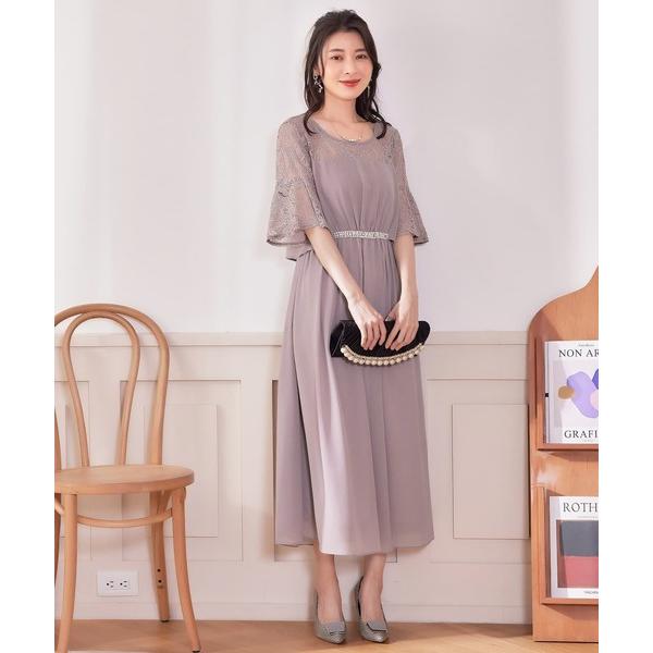 ドレス ワンピース ドレス レース袖 ミモレ丈 結婚式 披露宴 食事会 パーティードレス