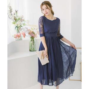 ドレス パーティードレス 七分袖 レース クルーネック ウエスト切替 ロングドレス ミモレ丈 20代 30代 大きいサイズ お呼ばれ 結婚式