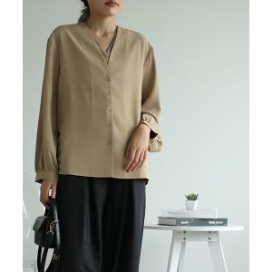 ブラウス シャツ カシュクール風　Vネック　フェイクレイヤードシャツ レディース