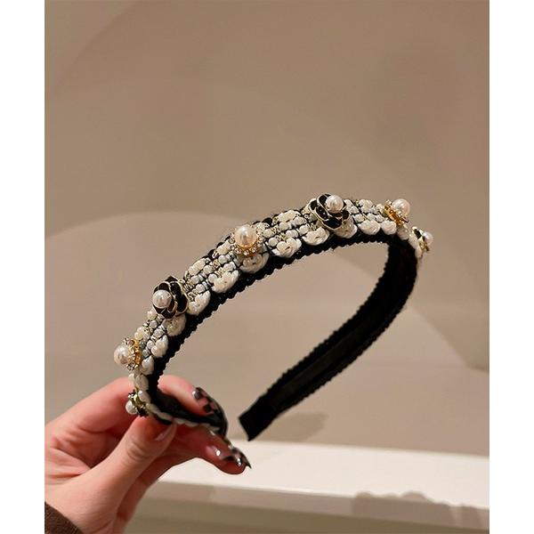 カチューシャ 「Jasmine」ベルベット生地リボンとビジューパールのロマンティックカチューシャ