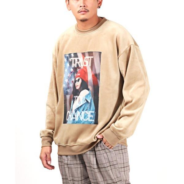 トレーナー スウェット ガールフォト貼り付けマイクロスエードトレーナー メンズ