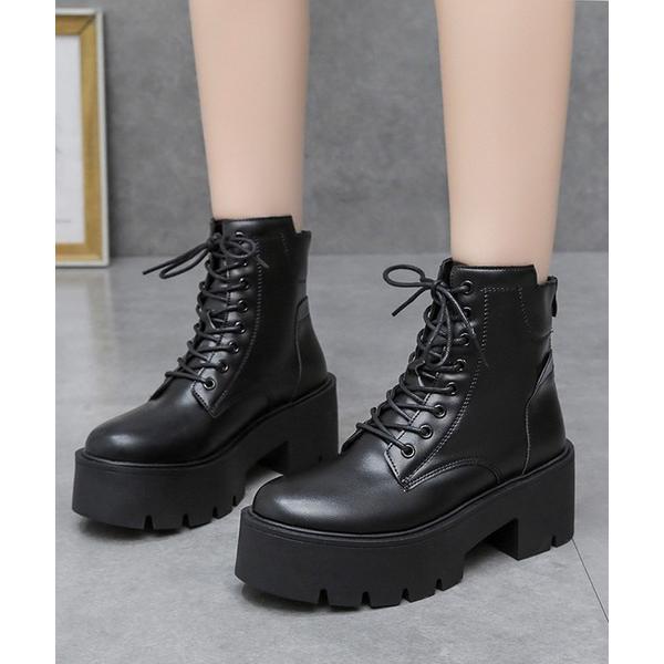 ブーツ 厚底 レースアップ ショートブーツ 太ヒール レディース