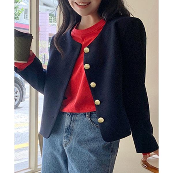 ジャケット ノーカラージャケット 「映える上品な金釦」長袖  ポケット付き ラグラン ノーカラージャ...