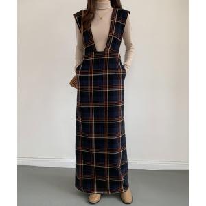 ジャンパースカート バックスリットチェック柄ロングジャンパースカート