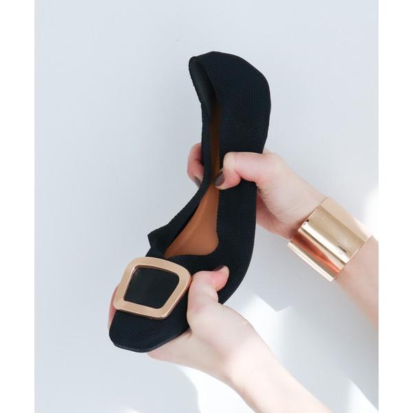 パンプス 軽量で柔らかい「EVOL」バックルニットスクエアフラットパンプス IU5043