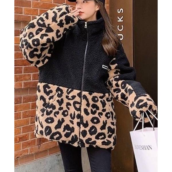 ブルゾン アウター レオパード柄切替えボアジャケット レディース