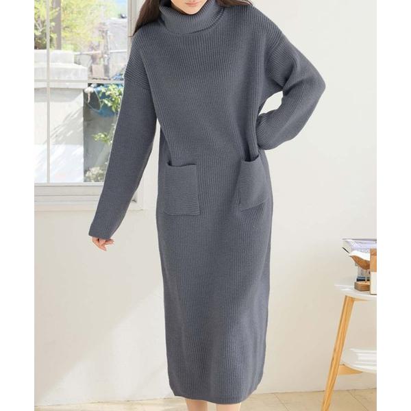 ワンピース タートルネックロングリブニットワンピース