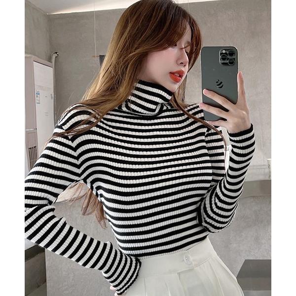 ニット セーター リブニット ボーダー タートルネック レディース